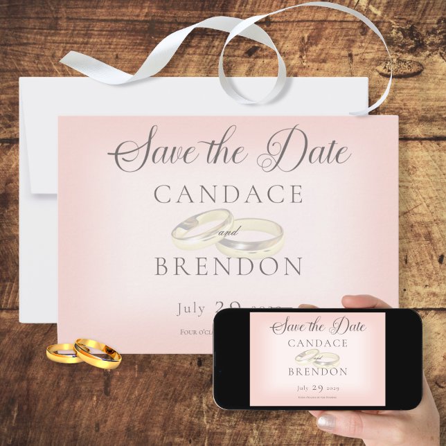 Gold Wedding Rings on Blush Save the Date Card (Von Creator hochgeladen)