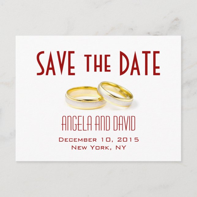 Gold Wedding Rings Red Save the Date Postkarten (Vorderseite)