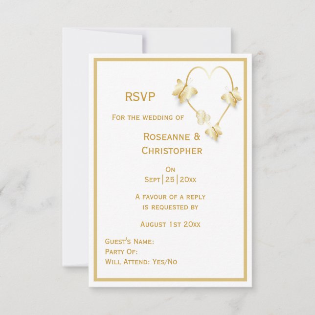 Gold Wedding RSVP Card Schmetterlinge Herz (Vorderseite)