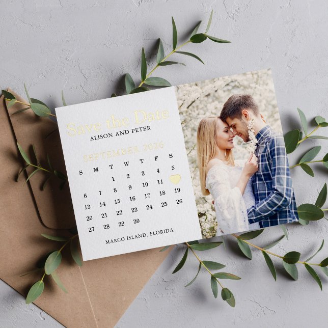 Gold Wedding Save the Date Calendar Foto Folieneinladung (Von Creator hochgeladen)