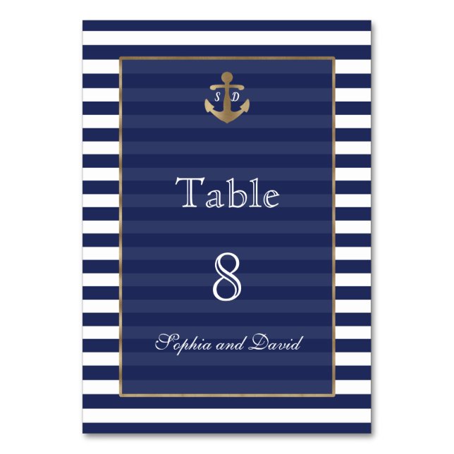 Gold-WeddingTable-Nummer für Nautic Navy Stripes Tischnummer (Vorderseite)