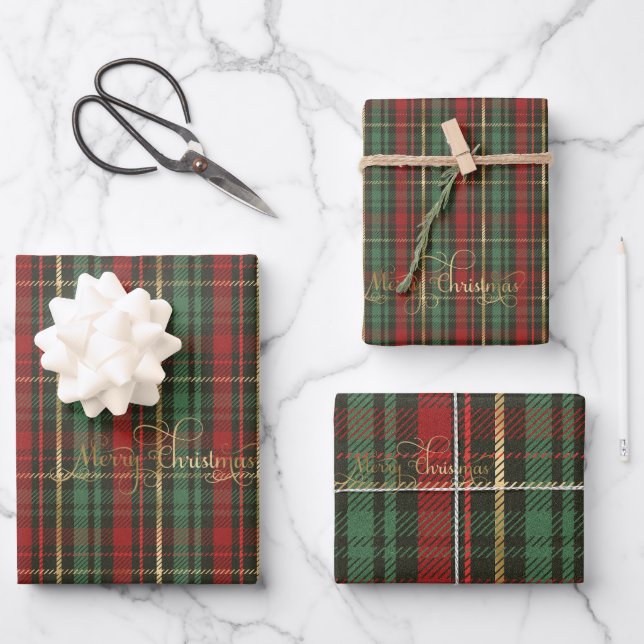 Gold Weihnachten Tartan & Golden 'Frohe Weihnachte Geschenkpapier Set (Vorderseite)