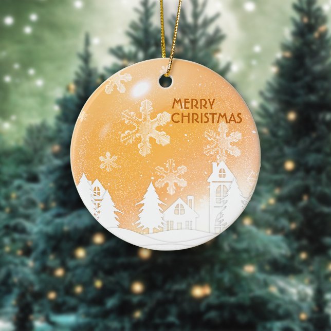 Gold Weihnachten Weiße Schneehaus glücklich Neues  Keramik Ornament (Von Creator hochgeladen)