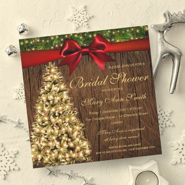 Gold Weihnachts Brautparty Tree Lights Band Einladung (Gold Christmas Bridal Shower Tree Lights Ribbon Invitation)