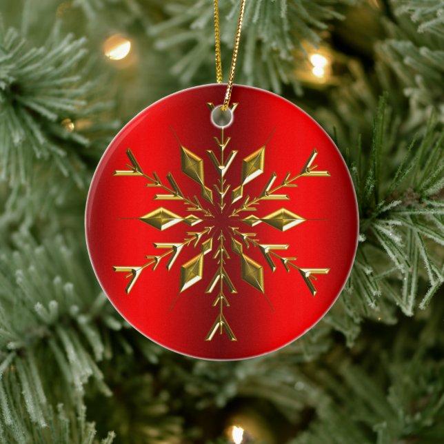 Gold Weihnachts-Star Snowflakes Rotes Weihnachten Keramik Ornament (Baum)