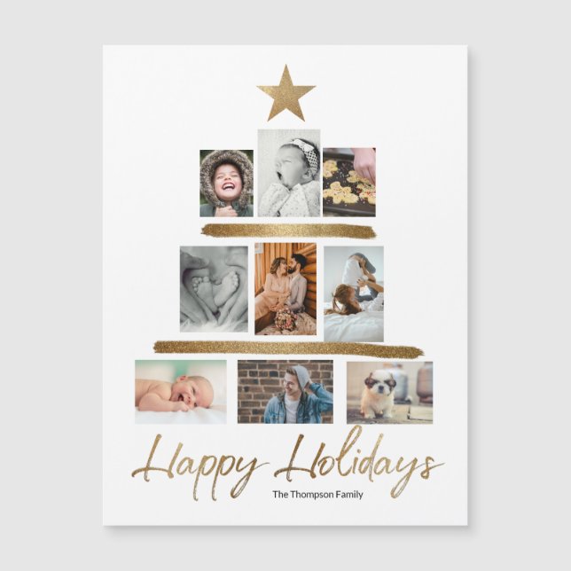 Gold Weihnachtsbaum Foto Collage Happy Holidays Magnetkarte (Vorderseite)