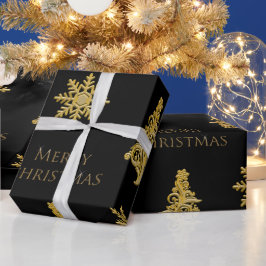 Gold Weihnachtsbaum Schneeflocke auf Schwarz Geschenkpapier