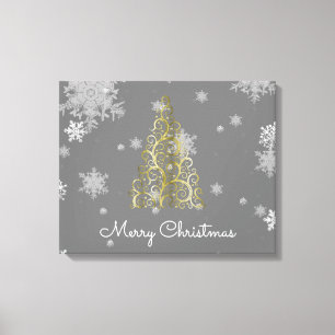 Gold Weihnachtsbaum und Schneeflocken Canvas Print Leinwanddruck
