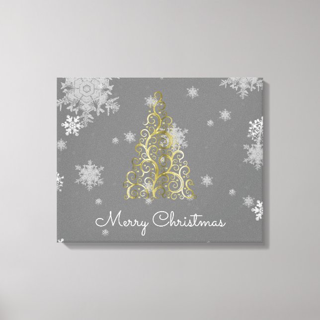 Gold Weihnachtsbaum und Schneeflocken Canvas Print Leinwanddruck (Vorderseite)