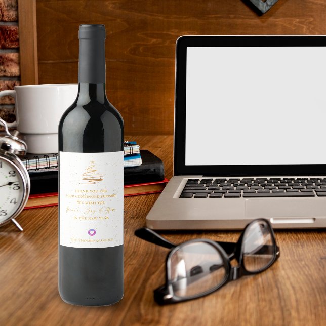 Gold Weihnachtsbaum Vielen Dank für Ihre Nachricht Weinetikett (Gold Christmas Tree Thank You Message Corporate Wine Label)