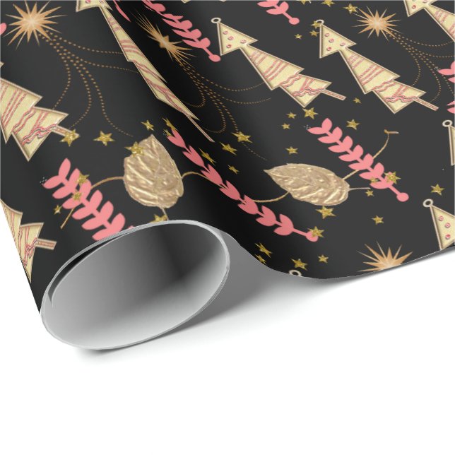 Gold Weihnachtsbaumen Wrapping Paper Black Geschenkpapier (Rolleneckpunkt)