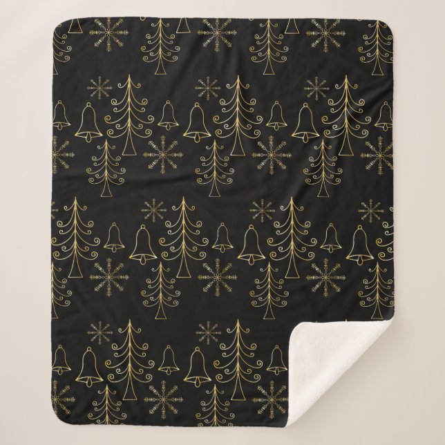 Gold Weihnachtsbaumglocke und Snowflake Muster Sherpadecke (Vorderseite)