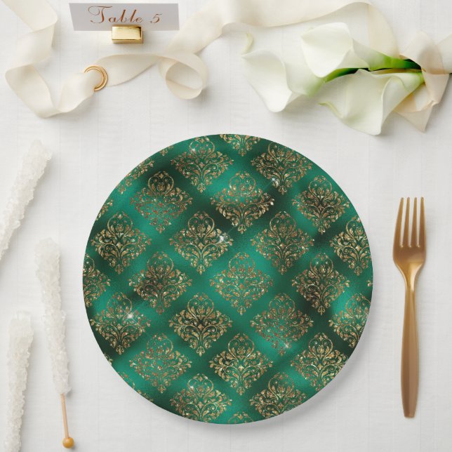 Gold Weihnachtsfeiertag Metallic Damask Elegante Pappteller (Hochzeit)