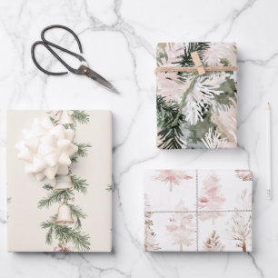 Gold Weihnachtsglocken Rosa Bäume Geschenkpapier Set