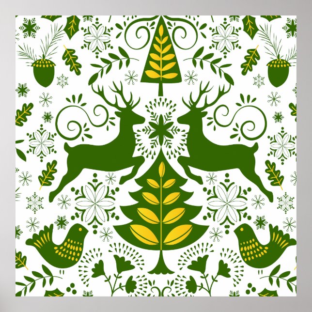 Gold Weihnachtswald Hirsche Vögel im Blut Poster (Vorne)