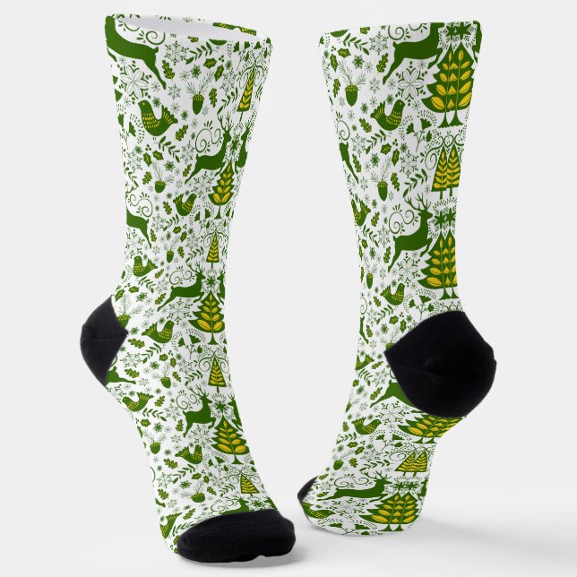 Gold Weihnachtswald Hirsche Vögel im Blut Socken (Gewinkelt)