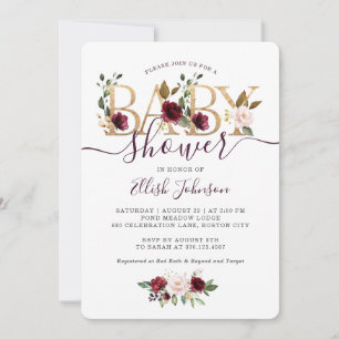 Gold Wein Burgund Floral Babyparty Einladung