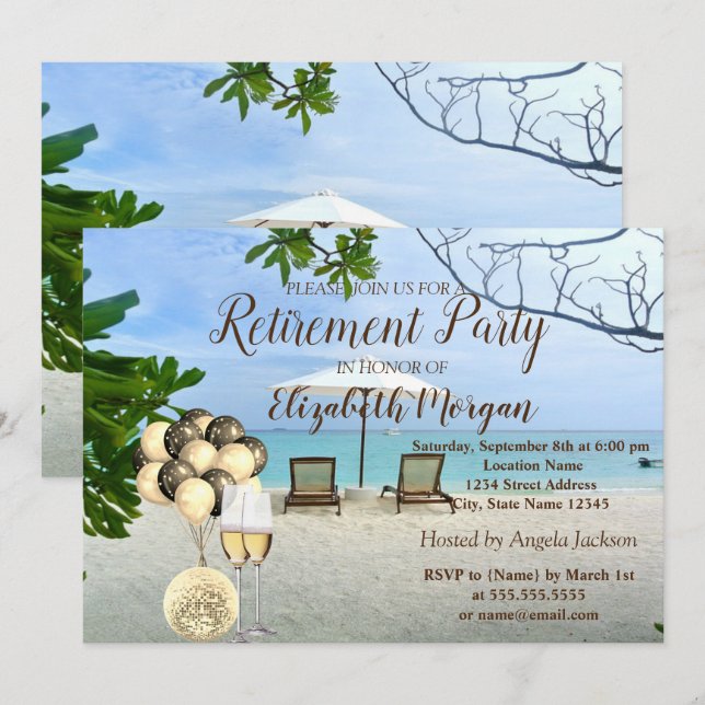 Gold-Weinglas, Ballons, Beach-Rente-Party Einladung (Vorne/Hinten)