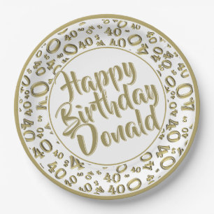 Gold/Weiß 40. Happy Birthday Zahlenmuster Pappteller