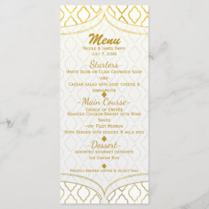 Gold & Weiß Elegantes Marokkanisches Glam Hochzeit Menükarte