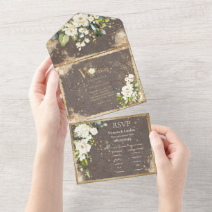 Gold Weiß Floral Botanisch Elegant Rustikal All In One Einladung