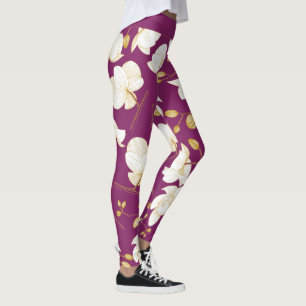 Gold, Weiß & Magenta elegant orchid floral modern Leggings