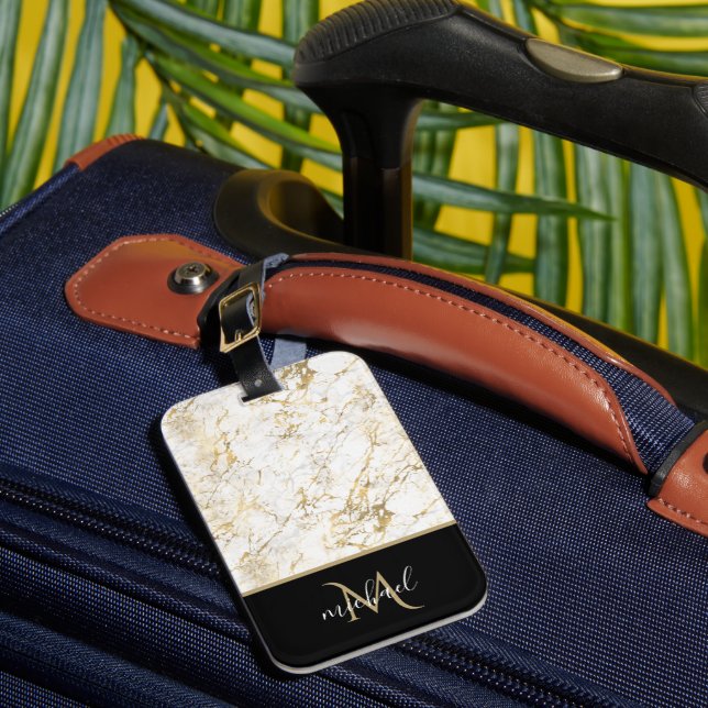 Gold & Weiß Marmor mit Schwarz Monogram Luxus Gepäckanhänger (Vorderseite Insitu 1)