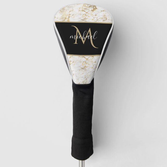 Gold & Weiß Marmor mit Schwarz Monogram Luxus Golf Headcover (Vorderseite)