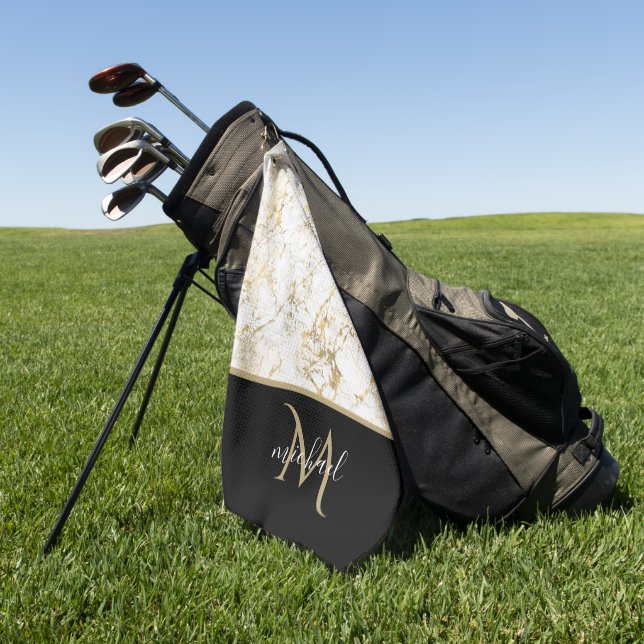 Gold & Weiß Marmor mit Schwarz Monogram Luxus Golfhandtuch (Gras)