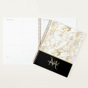 Gold & Weiß Marmor mit Schwarz Monogram Luxus Planer