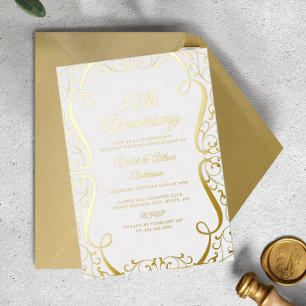 Gold Weiß Wirbel Elegant 50. Hochzeitstag Jubiläum Folieneinladung