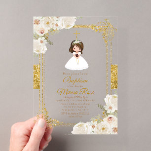Gold Weiße Blumen Mädchen Erste Heilige Kommunion Acryleinladungen