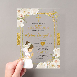 Gold Weiße Blumen Mädchen Erste Heilige Kommunion Acryleinladungen