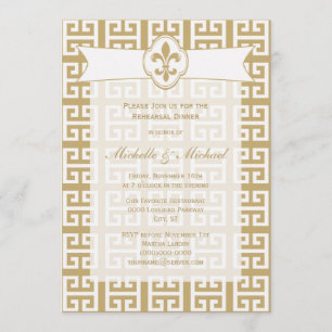 Gold Weiße Fleur de Lis Griechische Schlüssel Hoch Einladung
