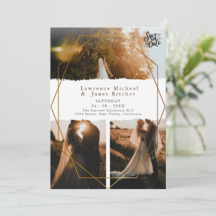 Gold weiße minimalistische Schrift 3 Fotos Hochzei Save The Date