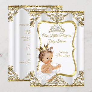 Gold Weiße Perlen Prinzessin Baby Shower Brünette Einladung