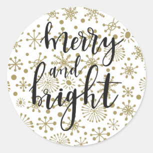 Gold & Weiße Retro-Schneeflocken MERRY & BRIGHT Ge Runder Aufkleber