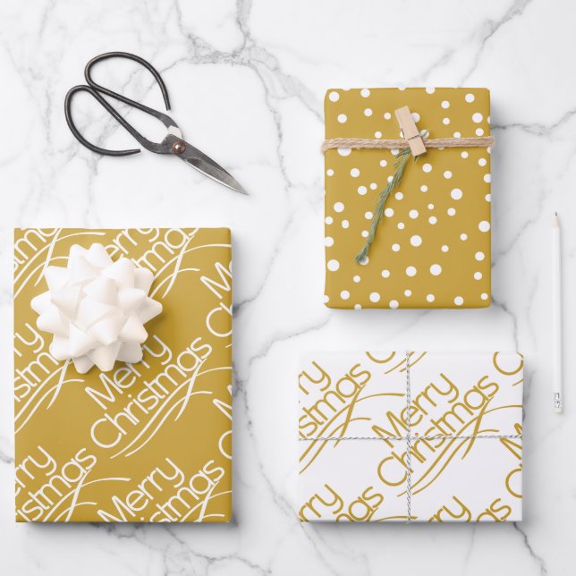 Gold, weiße Weihnachtstypografie und Weihnachtsfer Geschenkpapier Set (Vorderseite)