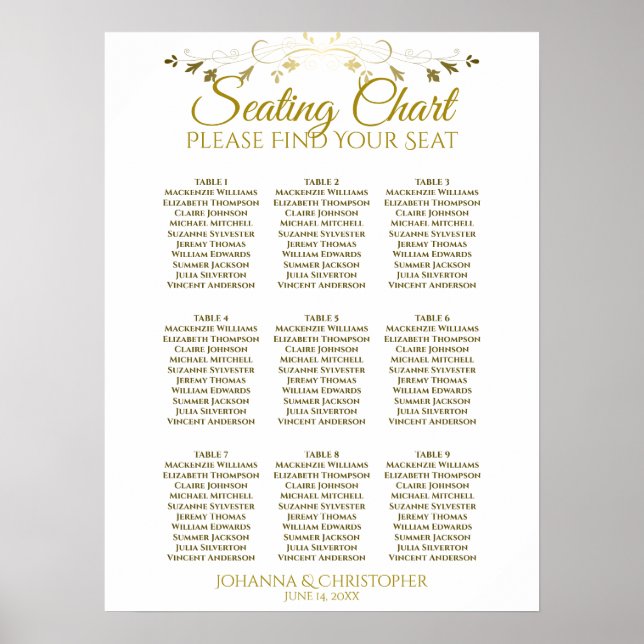 Gold & Weißer Einfacher Hochzeitssitzplan für 9 Ti Poster (Vorne)