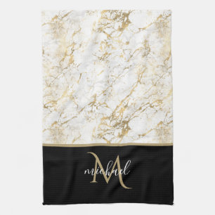 Gold & Weißer Marmor mit schwarzem Monogramm  Geschirrtuch