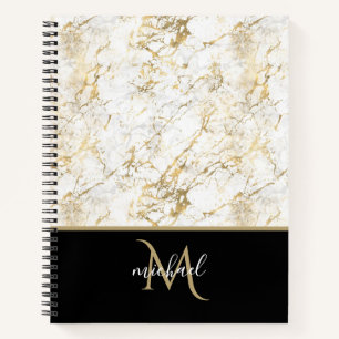 Gold & Weißer Marmor mit schwarzem Monogramm Notizbuch