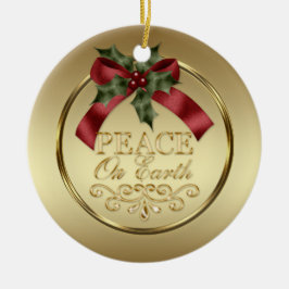 Gold Weltfrieden Red Green Ribbon Holly Berries Keramikornament