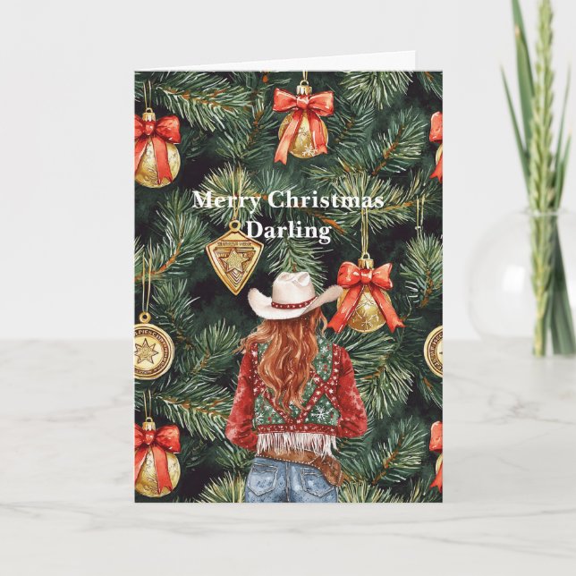Gold Western Red Hair Cowgirl Christmas  Karte (Vorderseite)