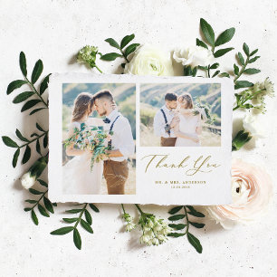 Gold Whimsical Calligraphy Foto Collage Wedding Dankeskarte