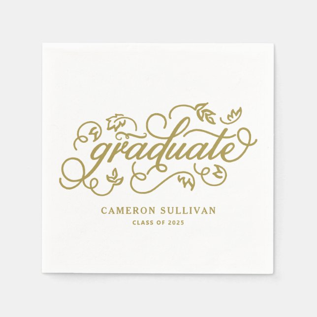 Gold Whimsical Floral Script Abschluss Serviette (Vorderseite)