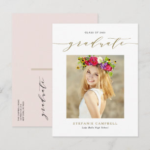 Gold Whimsical Script Foto Abschluss Ankündigungspostkarte