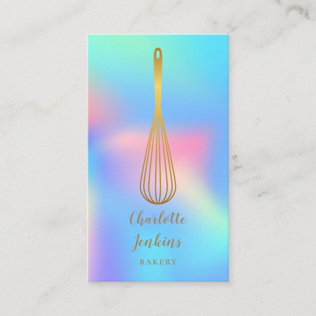 Gold Whisk Bäckerei Patisserie Rainbow Holographic Visitenkarte (Vorderseite)