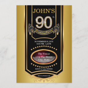 Gold Whiskey Label Mans 90. Geburtstagsparty Einladung
