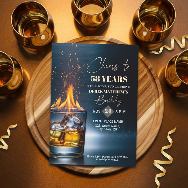 Gold Whiskey Theme Men 58th Birthday Party Einladung (Von Creator hochgeladen)