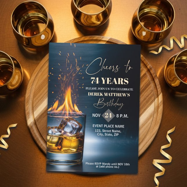 Gold Whiskey Theme Men 74th Birthday Party Einladung (Von Creator hochgeladen)